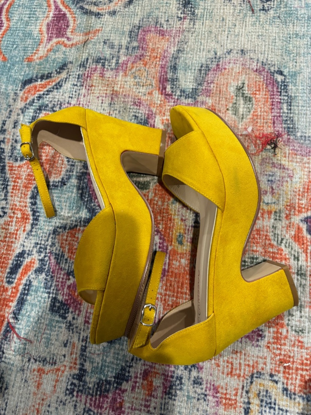 Bright Yellow Suede-Look Platform Sandals with Ankle Strap - Picture 7 of 10